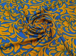 Штапель цветочный орнамент, синий с горчичным - интернет-магазин tkani-atlas.com.ua