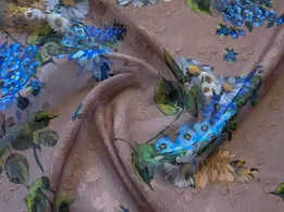 Шифон жаккард с люрексом яркие цветы, синий на коричневом (отрез 2,5 м) - интернет-магазин tkani-atlas.com.ua