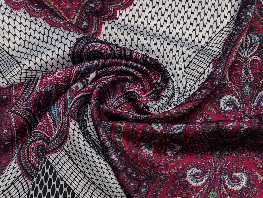 Стрейч атлас великий орнамент, малиново-сірий (відріз 2,5 м) - фото 1 - інтернет-магазин tkani-atlas.com.ua
