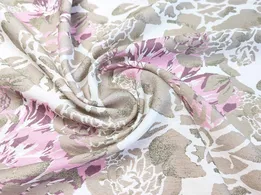 Льон бохо рисунок пионы, бежевый с розовым - интернет-магазин tkani-atlas.com.ua