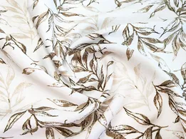 Льон бохо малюнок листяний дует, бежевый на молочному - інтернет-магазин tkani-atlas.com.ua