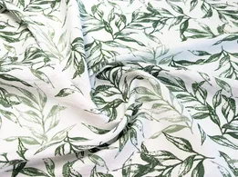 Льон бохо рисунок лиственный дуэт, зеленый на молочном  - интернет-магазин tkani-atlas.com.ua