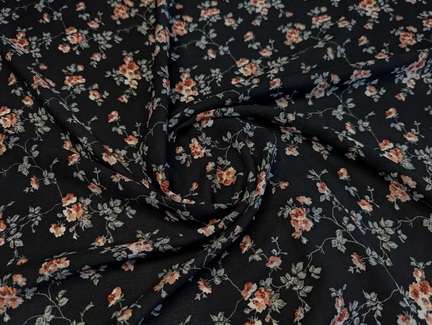 Креп шифон цветочки на веточке, черный (отрез 1,5 м) - фото 1 - интернет-магазин tkani-atlas.com.ua