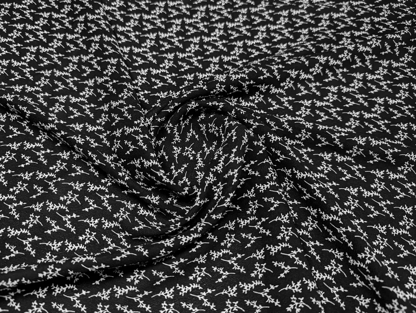 Креп шифон веточки, молочный с черным (отрез 1,5 м) - фото 1 - интернет-магазин tkani-atlas.com.ua