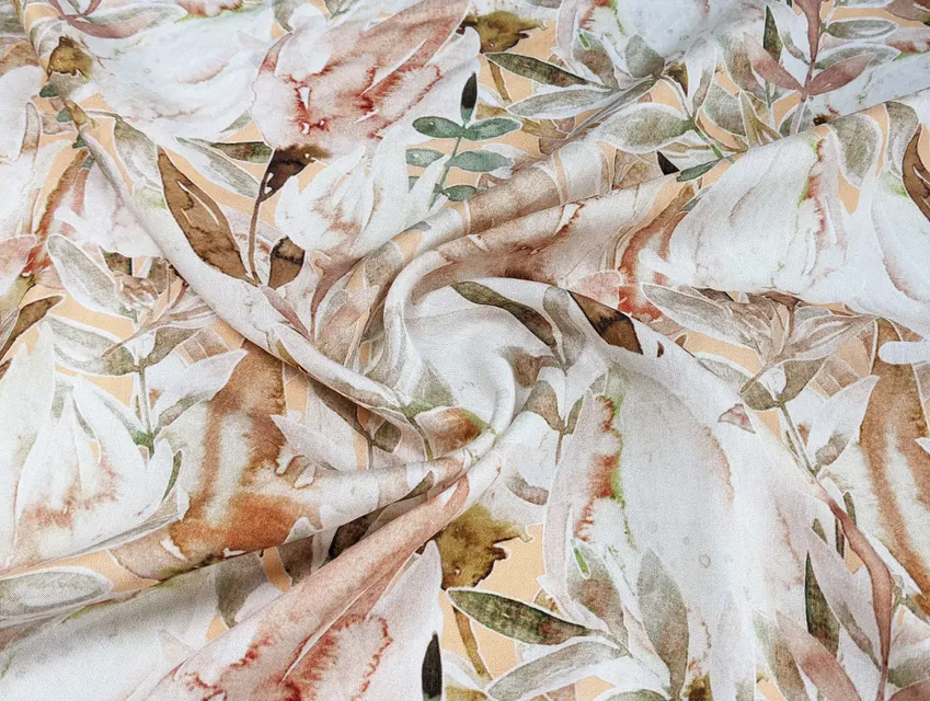 Шовк віскоза листяна казка, бежево-оливковий (відріз 2,5 м) - фото 1 - інтернет-магазин tkani-atlas.com.ua