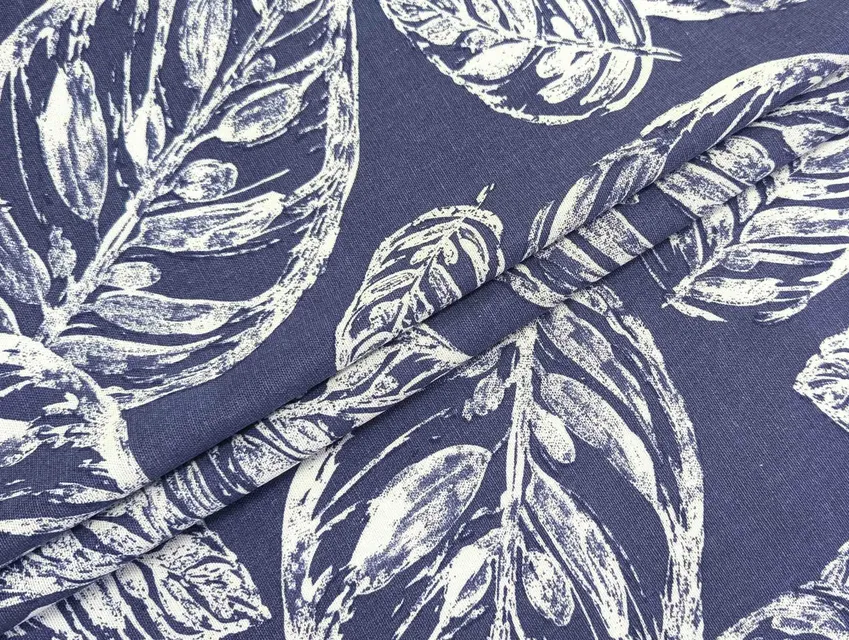 Лен с вискозой крупная листва, синий джинсовый - фото 1 - интернет-магазин tkani-atlas.com.ua