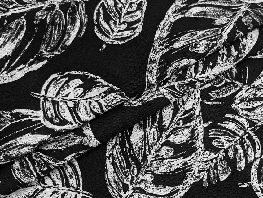 Льон з віскозою велике листя, білий на чорному - фото 1 - інтернет-магазин tkani-atlas.com.ua
