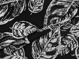 Льон з віскозою велике листя, білий на чорному - інтернет-магазин tkani-atlas.com.ua