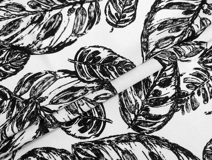 Лен с вискозой крупная листва, черный на молочном - фото 1 - интернет-магазин tkani-atlas.com.ua