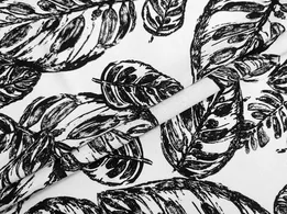 Льон з віскозою велике листя, чорний на молочному - інтернет-магазин tkani-atlas.com.ua