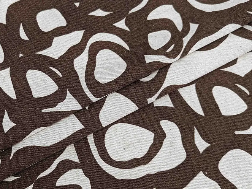 Лен с вискозой круговые узоры, коричневый на бежевом - фото 1 - интернет-магазин tkani-atlas.com.ua