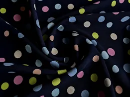 Американский креп рисунок разноцветные горошки, темно-синий (отрез 0,7 м) - интернет-магазин tkani-atlas.com.ua