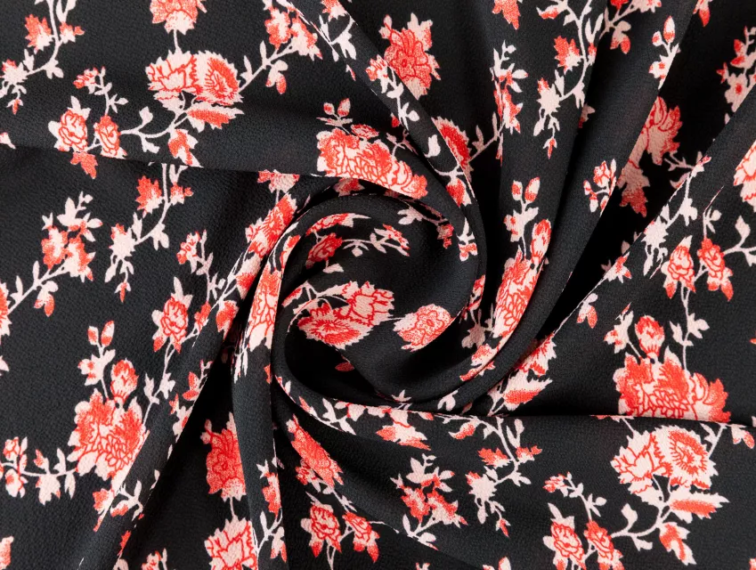 Шифон креповый цветочное плетение, красный на черном - фото 1 - інтернет-магазин tkani-atlas.com.ua