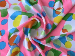 Шифон малюнок яскрава геометрія, жовто-блакитний на рожевому - інтернет-магазин tkani-atlas.com.ua