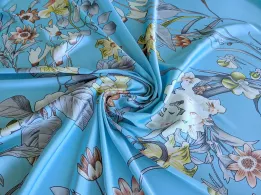 Шовк сатин квіткова композиція, блакитний - інтернет-магазин tkani-atlas.com.ua
