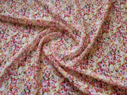 Шифон креповий галявинка, кораловий з жовтим - інтернет-магазин tkani-atlas.com.ua