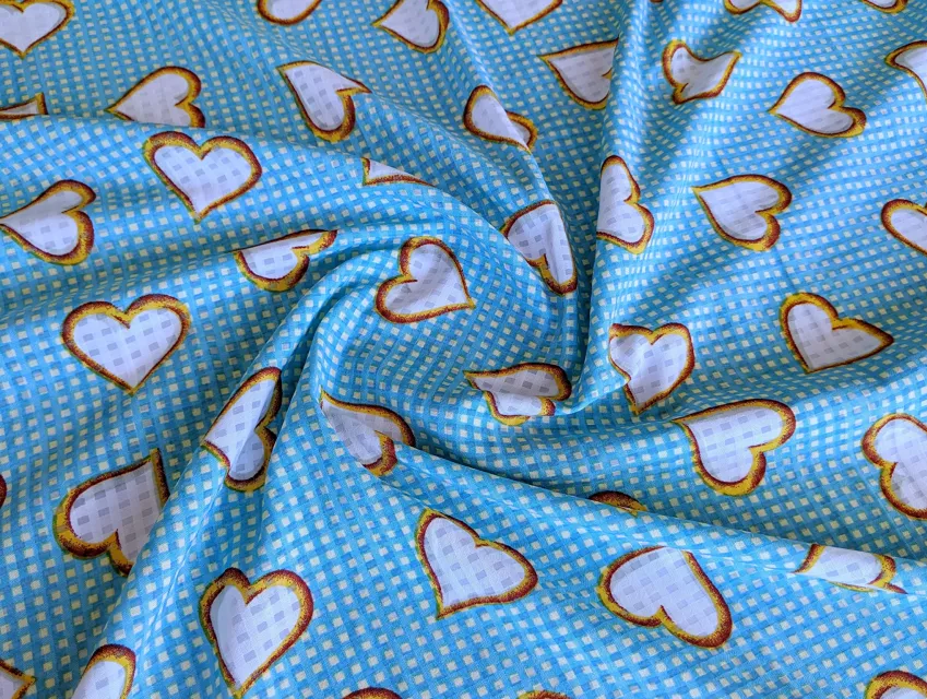 Шифон клеточка сердечки на точках, голубой с белым - фото 1 - интернет-магазин tkani-atlas.com.ua