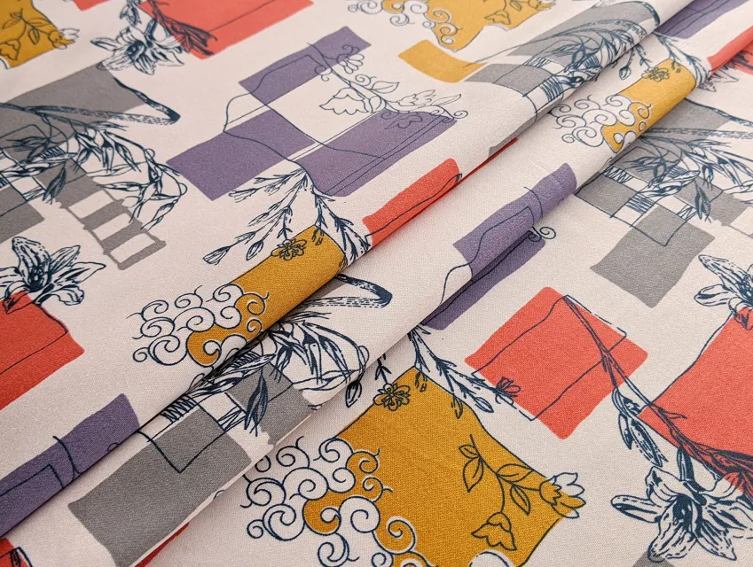 Котон сатин принт мікс орнаментів, сіро-кораловий - фото 1 - інтернет-магазин tkani-atlas.com.ua