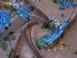 Шифон жаккард с люрексом яскраві квіти, синій на коричневому - інтернет-магазин tkani-atlas.com.ua