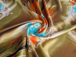 Стрейч атлас цветочная мечта, оливковый с голубым - интернет-магазин tkani-atlas.com.ua