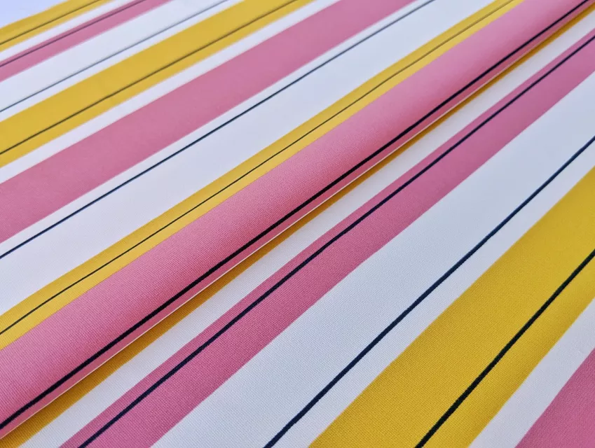 Креп віскоза малюнок три смужки, рожево-жовтий на білому - фото 1 - інтернет-магазин tkani-atlas.com.ua
