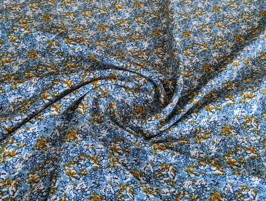 Твил рисунок цветочная абстракция, горчица на голубом - фото 1 - интернет-магазин tkani-atlas.com.ua