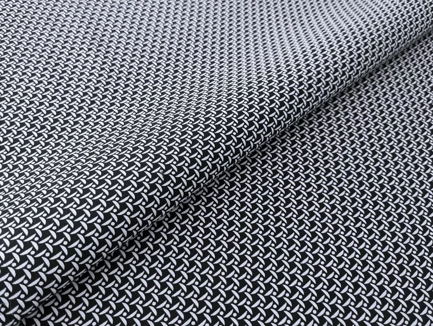 Стрейч поплин принт геометрическое плетение, белый на черном - фото 1 - интернет-магазин tkani-atlas.com.ua