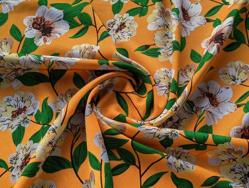 Штапель твил цветочная композиция, морковный - фото 1 - интернет-магазин tkani-atlas.com.ua