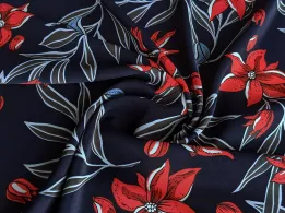 Креп шовковий великі квіти, червоний на темно-синьому - інтернет-магазин tkani-atlas.com.ua