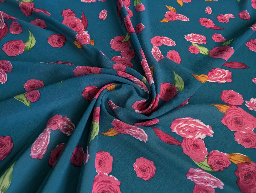 Шифон креповий троянди, блакитна бірюза - фото 1 - інтернет-магазин tkani-atlas.com.ua