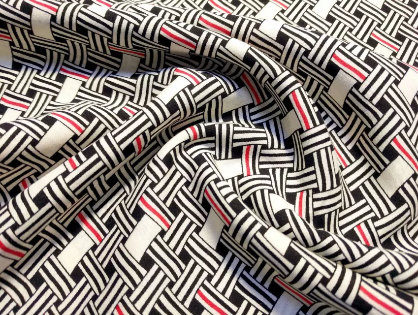 Реон рисунок геометрическое плетение, черно-бело-красный - фото 1 - интернет-магазин tkani-atlas.com.ua
