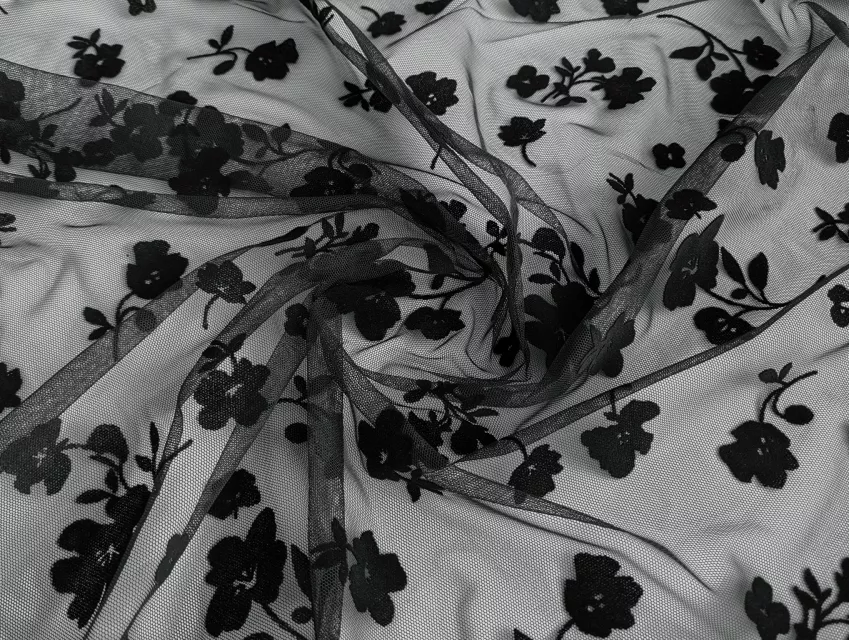 Сетка с флоком цветы, черный - фото 1 - интернет-магазин tkani-atlas.com.ua