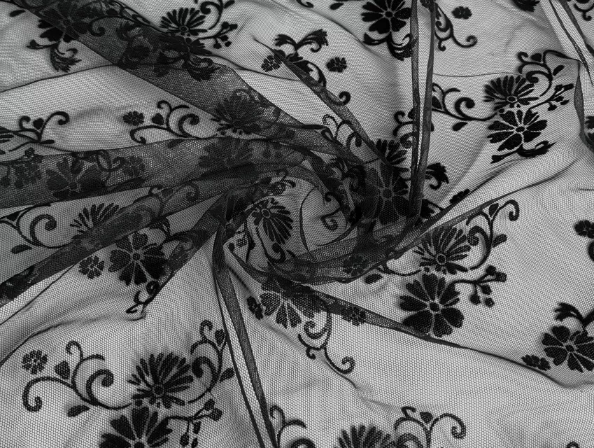 Сетка с флоком цветочный прованс, черный - фото 1 - интернет-магазин tkani-atlas.com.ua