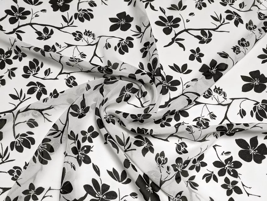 Шифон креповый цветочное плетение, черный на белом - фото 1 - интернет-магазин tkani-atlas.com.ua
