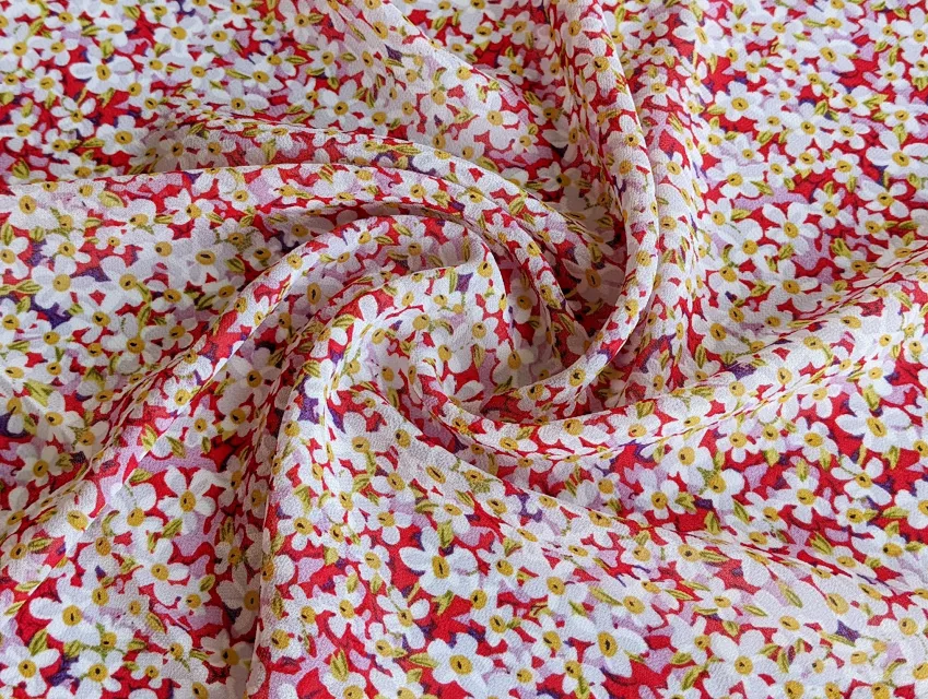 Шифон креповий ромашкове поле, червоний - фото 1 - інтернет-магазин tkani-atlas.com.ua