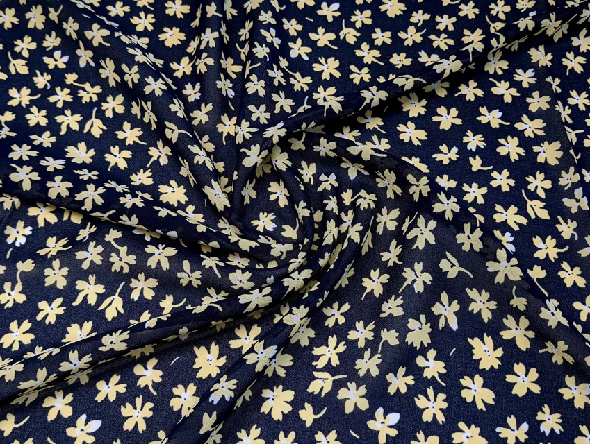 Шифон креповий жовті квіточки, темно-синій - фото 1 - інтернет-магазин tkani-atlas.com.ua