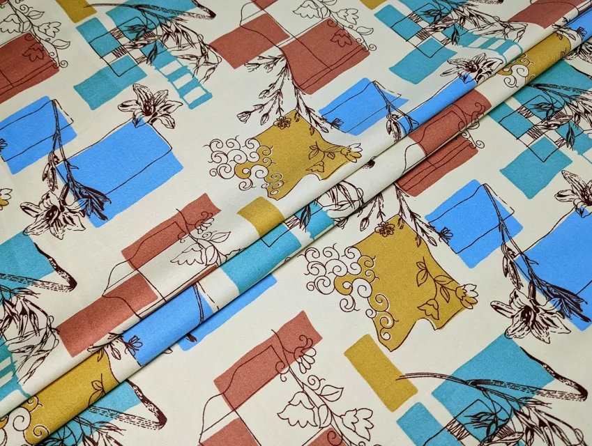 Коттон сатин принт микс орнаментов, ванильный - фото 1 - интернет-магазин tkani-atlas.com.ua