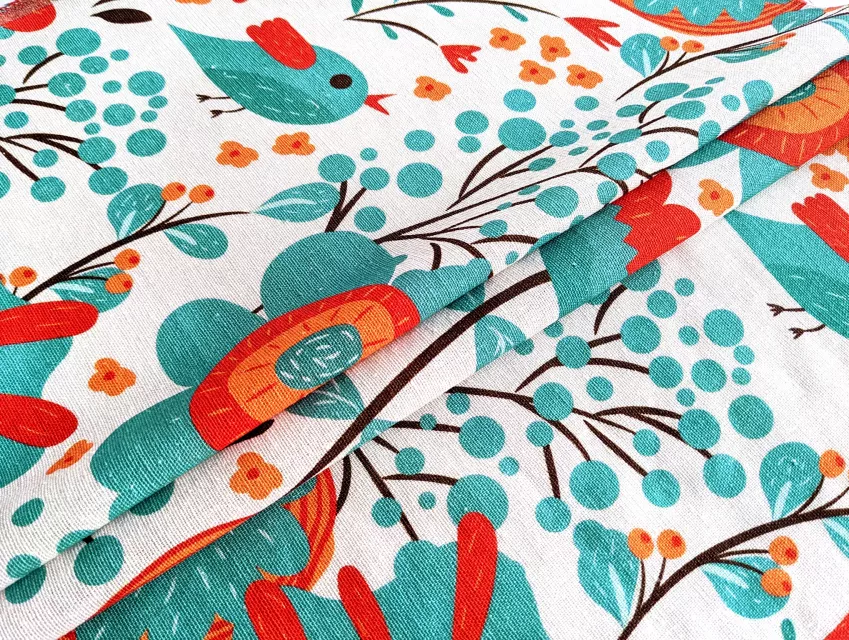 Льон віскоза казковый сад, бірюзовий з червоним - фото 1 - інтернет-магазин tkani-atlas.com.ua