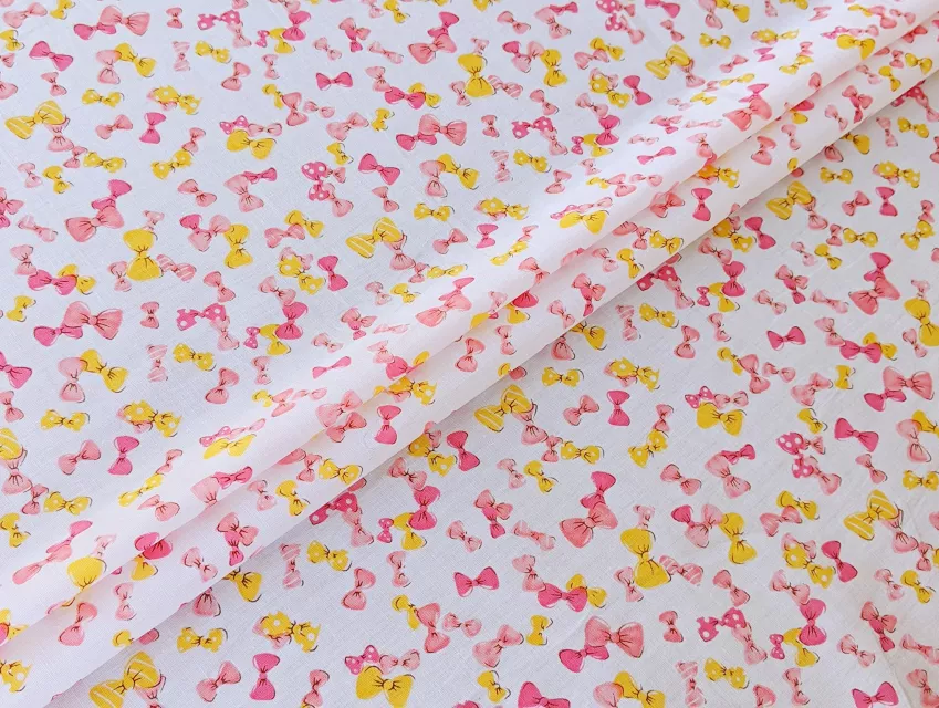 Коттон стрейчевый рубашечный бантики, розовый с желтым - фото 1 - интернет-магазин tkani-atlas.com.ua