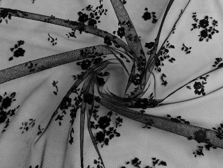 Сетка с флоком цветочная мечта, черный - фото 1 - интернет-магазин tkani-atlas.com.ua