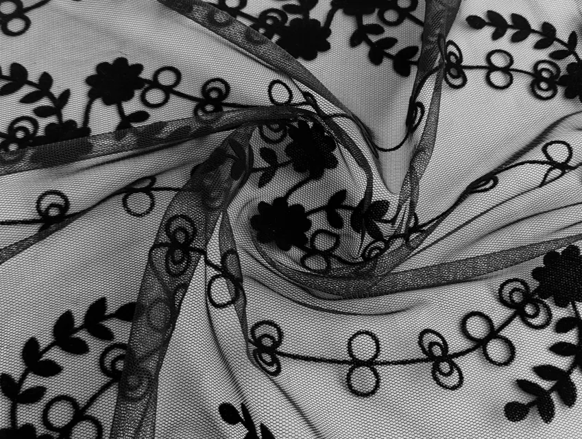 Сетка с флоком цветочное плетение, черный - фото 1 - интернет-магазин tkani-atlas.com.ua