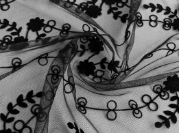 Сетка с флоком цветочное плетение, черный - интернет-магазин tkani-atlas.com.ua