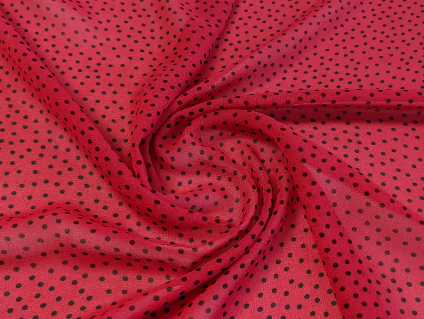 Шифон горошок 2 мм, чорний на червоному - фото 1 - інтернет-магазин tkani-atlas.com.ua