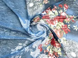 Шифон купон цветочный, синий джинсовый - интернет-магазин tkani-atlas.com.ua