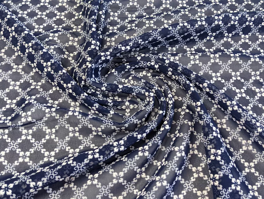 Шифон Бальпо цветочный ромб, темно-синий - фото 1 - интернет-магазин tkani-atlas.com.ua