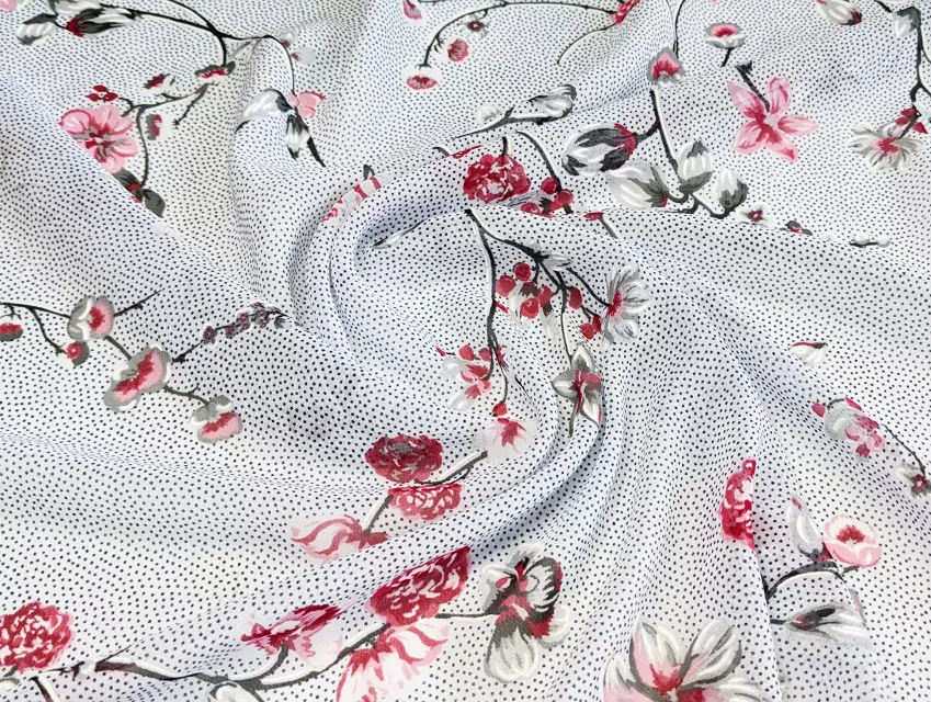 Шифон Бальпо дрібний горошок з квітами, бордовий на білому - фото 1 - інтернет-магазин tkani-atlas.com.ua