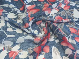 Шифон лиственное плетение, синий джинсовый с коралловым - интернет-магазин tkani-atlas.com.ua
