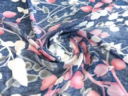 Шифон листяне плетіння, синій джинсовий з рожевим - інтернет-магазин tkani-atlas.com.ua