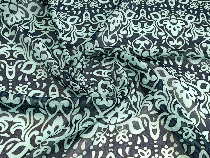 Шифон східний орнамент, ментоловий з синім - фото 1 - інтернет-магазин tkani-atlas.com.ua