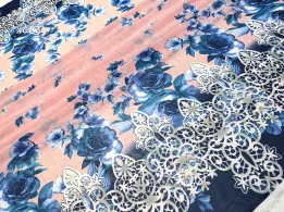 Шифон купон розы, серо-голубой с персиковым - интернет-магазин tkani-atlas.com.ua